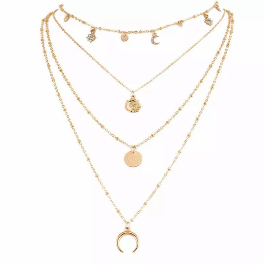 NEW! CRESCENT MOON MULTILAYER BOHO GOLD NECKLACE - Picture 2 of 2